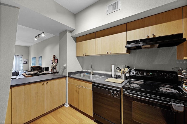 kitchen with kitchen peninsula, sink, black appliances, and light wood-type flooring