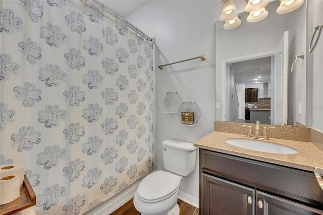 bathroom with vanity, toilet, and hardwood / wood-style flooring