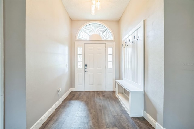 foyer featuring a textured ceiling and dark hardwood / wood-style floors