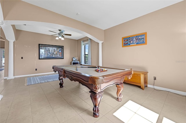 playroom with ceiling fan, light tile patterned floors, pool table, and decorative columns