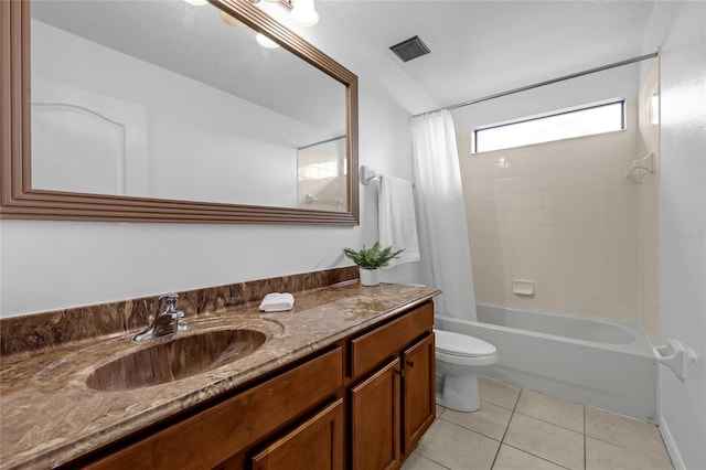 full bath featuring toilet, visible vents, vanity, tile patterned floors, and shower / bathtub combination with curtain