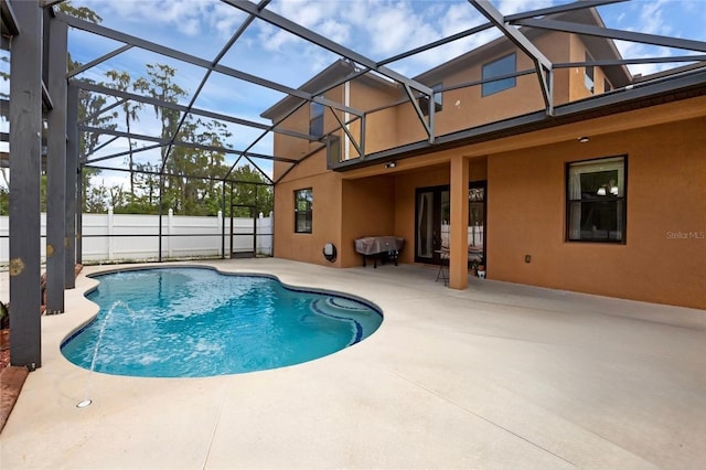 view of pool featuring a fenced in pool, a lanai, a patio, and fence