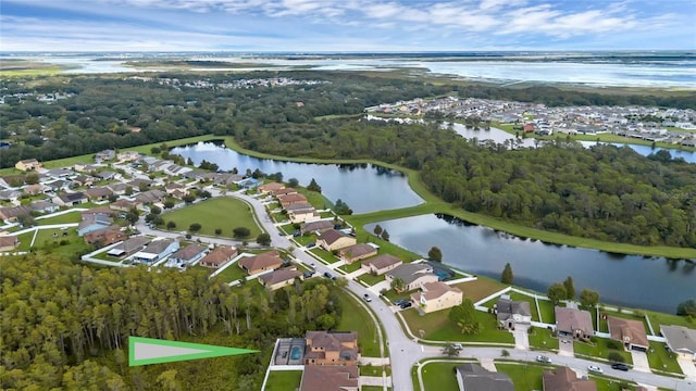 aerial view featuring a water view and a residential view