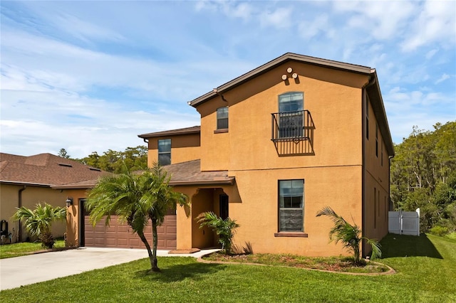 mediterranean / spanish house featuring a front yard, driveway, an attached garage, and stucco siding