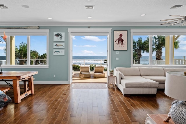 living room featuring dark hardwood / wood-style flooring, a water view, and a wealth of natural light