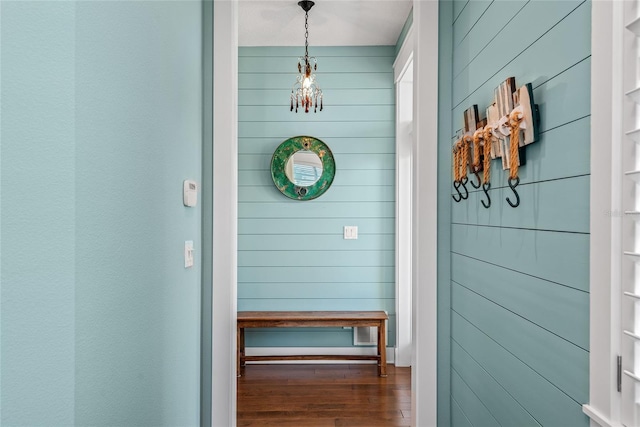 mudroom featuring wood walls and dark hardwood / wood-style flooring