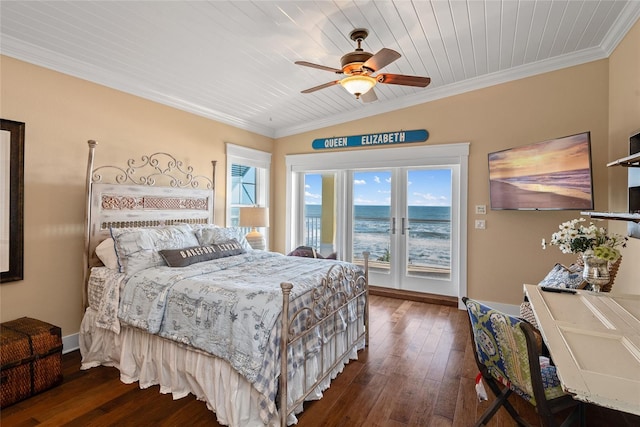 bedroom featuring french doors, wood ceiling, dark hardwood / wood-style floors, crown molding, and ceiling fan