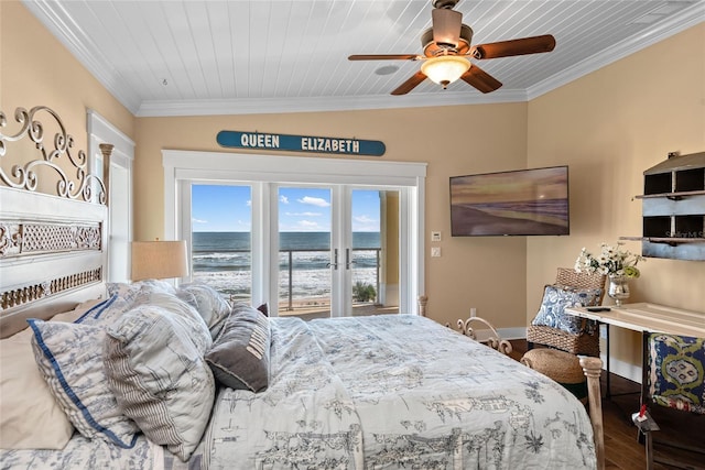 bedroom featuring ceiling fan, access to outside, hardwood / wood-style flooring, wooden ceiling, and ornamental molding