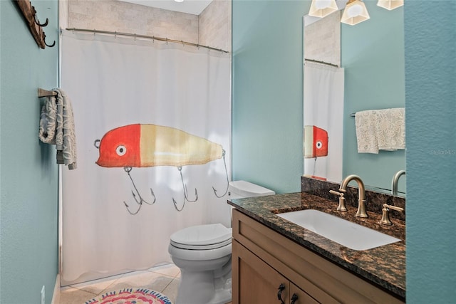 bathroom with toilet, vanity, a shower with shower curtain, and tile patterned flooring