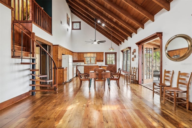 dining space with beam ceiling, ceiling fan, light hardwood / wood-style flooring, high vaulted ceiling, and wood ceiling