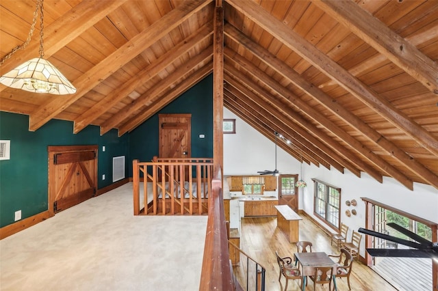 bonus room with baseboards, wood ceiling, lofted ceiling with beams, and visible vents