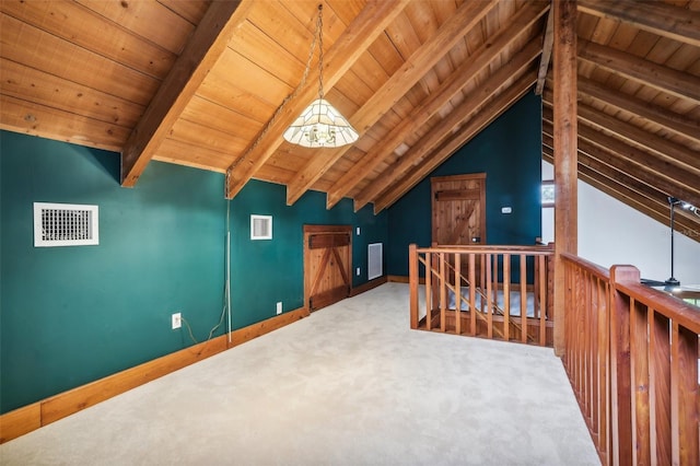 additional living space with wood ceiling, vaulted ceiling with beams, and visible vents