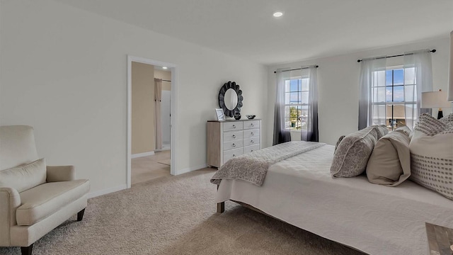 bedroom with light carpet