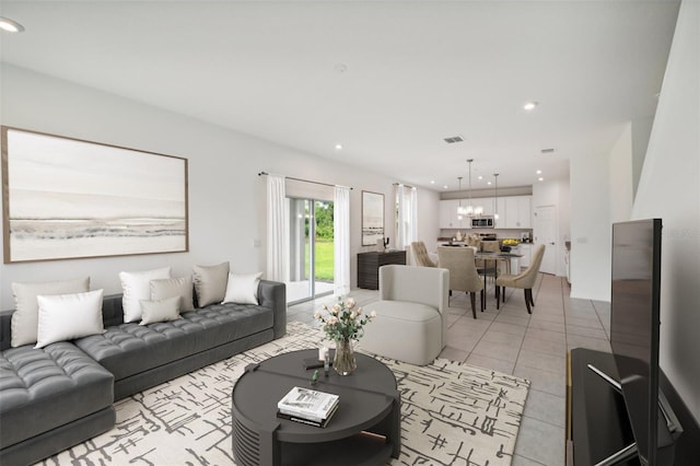 living room with light tile patterned flooring