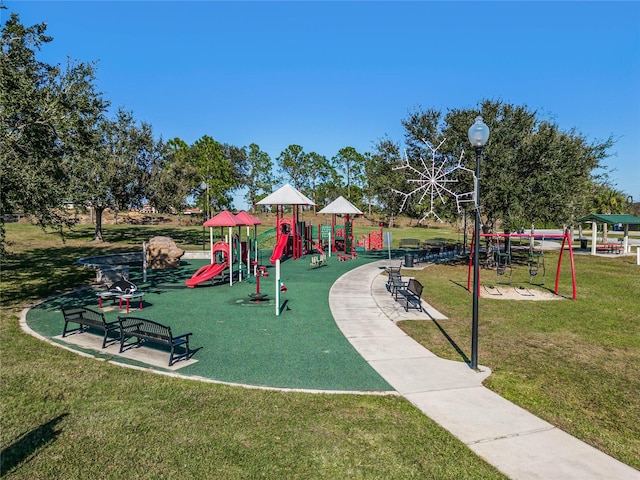 view of jungle gym featuring a yard