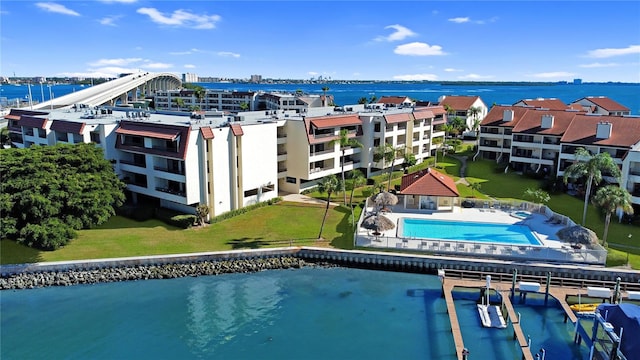 aerial view featuring a water view