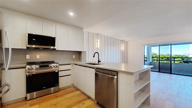 kitchen featuring white cabinets, sink, kitchen peninsula, stainless steel appliances, and light wood-type flooring