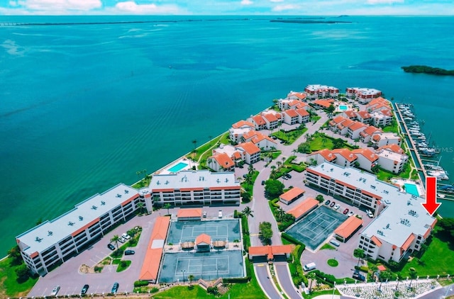 drone / aerial view featuring a water view