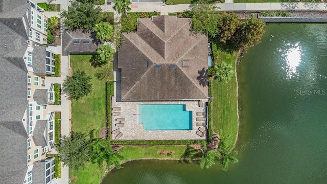 birds eye view of property featuring a water view