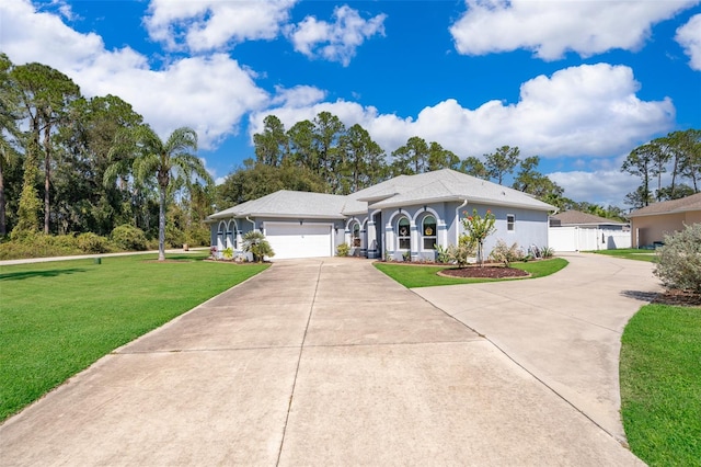 single story home with a garage and a front lawn