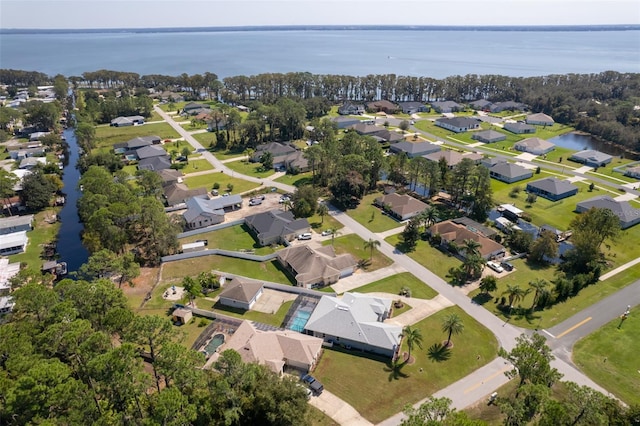 drone / aerial view featuring a water view