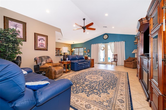 tiled living room featuring french doors, lofted ceiling, and ceiling fan