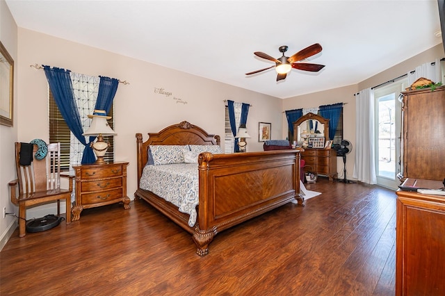 bedroom featuring ceiling fan and dark hardwood / wood-style flooring