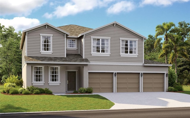 view of front of property with a front lawn and a garage