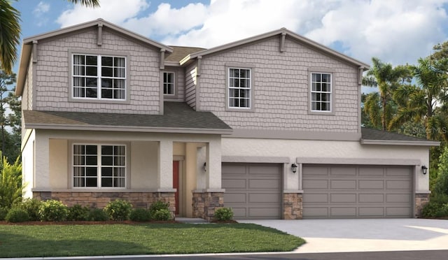 12783 Trovita Dr, Grand Island, FL 32735 - craftsman inspired home with a garage, stucco siding, a front yard, stone siding, and driveway