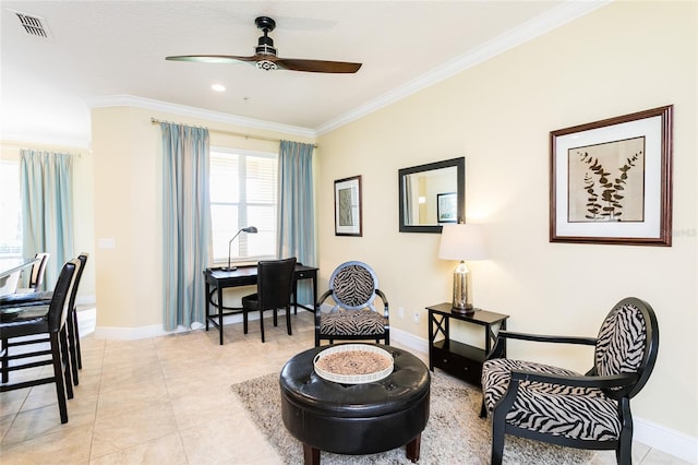 living area featuring ceiling fan, ornamental molding, and light tile patterned floors