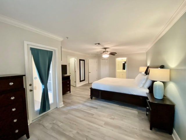 bedroom featuring ceiling fan, crown molding, light hardwood / wood-style floors, and access to exterior