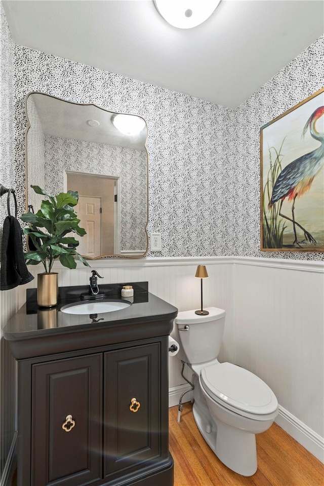 bathroom with toilet, vanity, and wood-type flooring