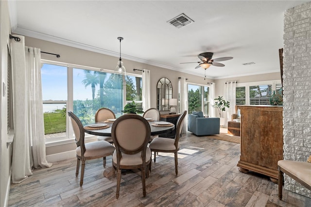 dining room featuring a water view, hardwood / wood-style flooring, and plenty of natural light