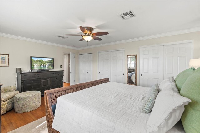 bedroom with multiple closets, ornamental molding, wood-type flooring, and ceiling fan