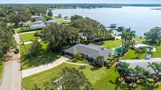 drone / aerial view with a water view