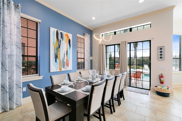 tiled dining room with ornamental molding