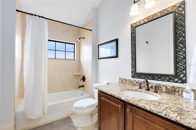 full bathroom featuring toilet, vaulted ceiling, vanity, shower / bathtub combination with curtain, and tile patterned flooring