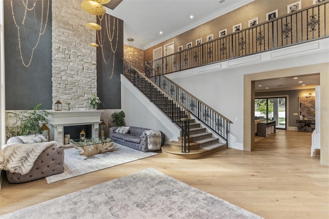 interior space with ornamental molding and wood-type flooring