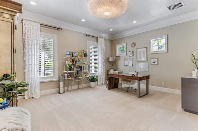 office space featuring ornamental molding, a textured ceiling, and light colored carpet