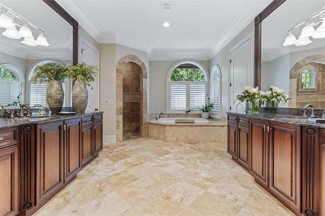 bathroom with vanity, ornamental molding, and plus walk in shower