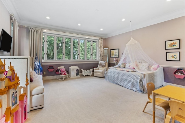 bedroom with light carpet and ornamental molding