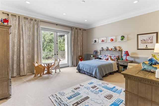 bedroom featuring ornamental molding, light colored carpet, and access to exterior