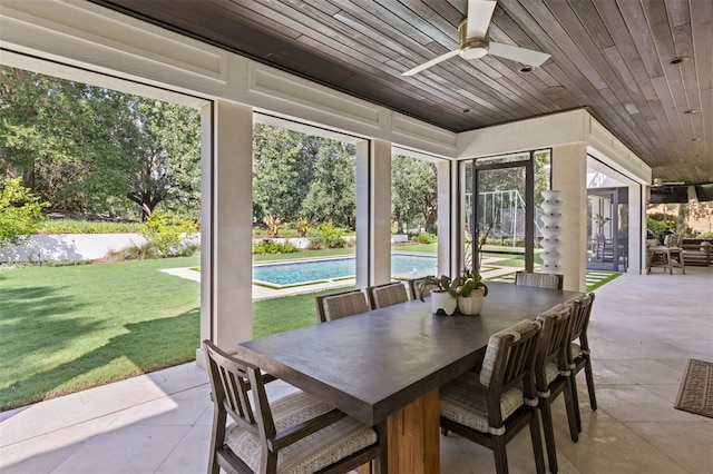 sunroom featuring wood ceiling and ceiling fan