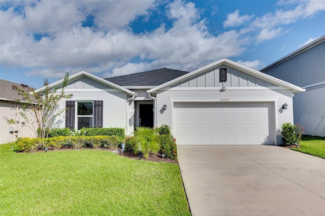 ranch-style house with a front yard and a garage