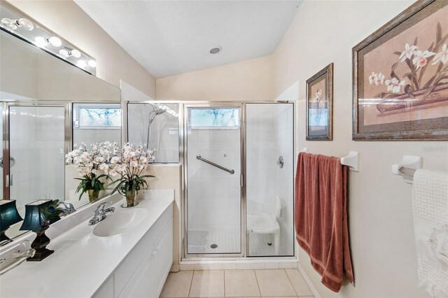 bathroom featuring vanity, lofted ceiling, a shower with shower door, and a wealth of natural light