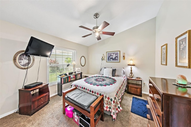 bedroom with lofted ceiling, light colored carpet, and ceiling fan