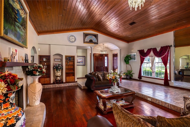 living room with an inviting chandelier, lofted ceiling, wooden ceiling, and wood-type flooring