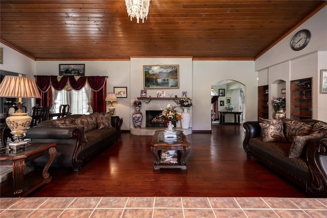 living room featuring lofted ceiling, ornamental molding, wooden ceiling, and tile patterned flooring