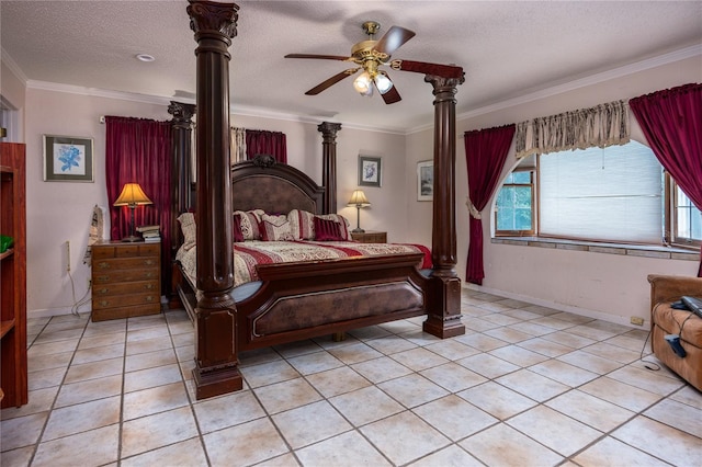 bedroom with crown molding, a textured ceiling, light tile patterned flooring, and ceiling fan