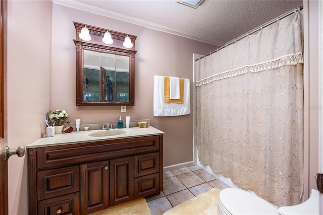 full bathroom featuring a textured ceiling, shower / bath combo, toilet, tile patterned floors, and vanity